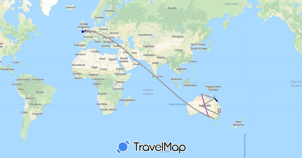 TravelMap itinerary: driving, plane, train, boat in United Arab Emirates, Australia, United Kingdom (Asia, Europe, Oceania)